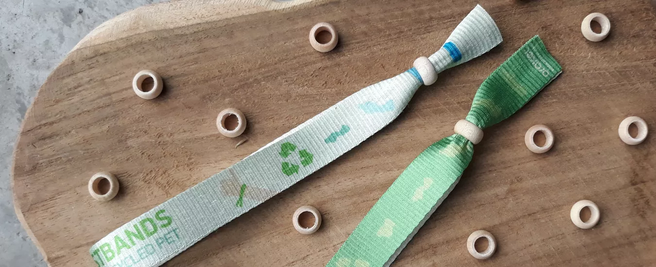 Printed Fabric Wristbands in R-PET ribbon with wooden pearl closure