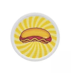Ficha branca redonda em stock com impressão hotdog